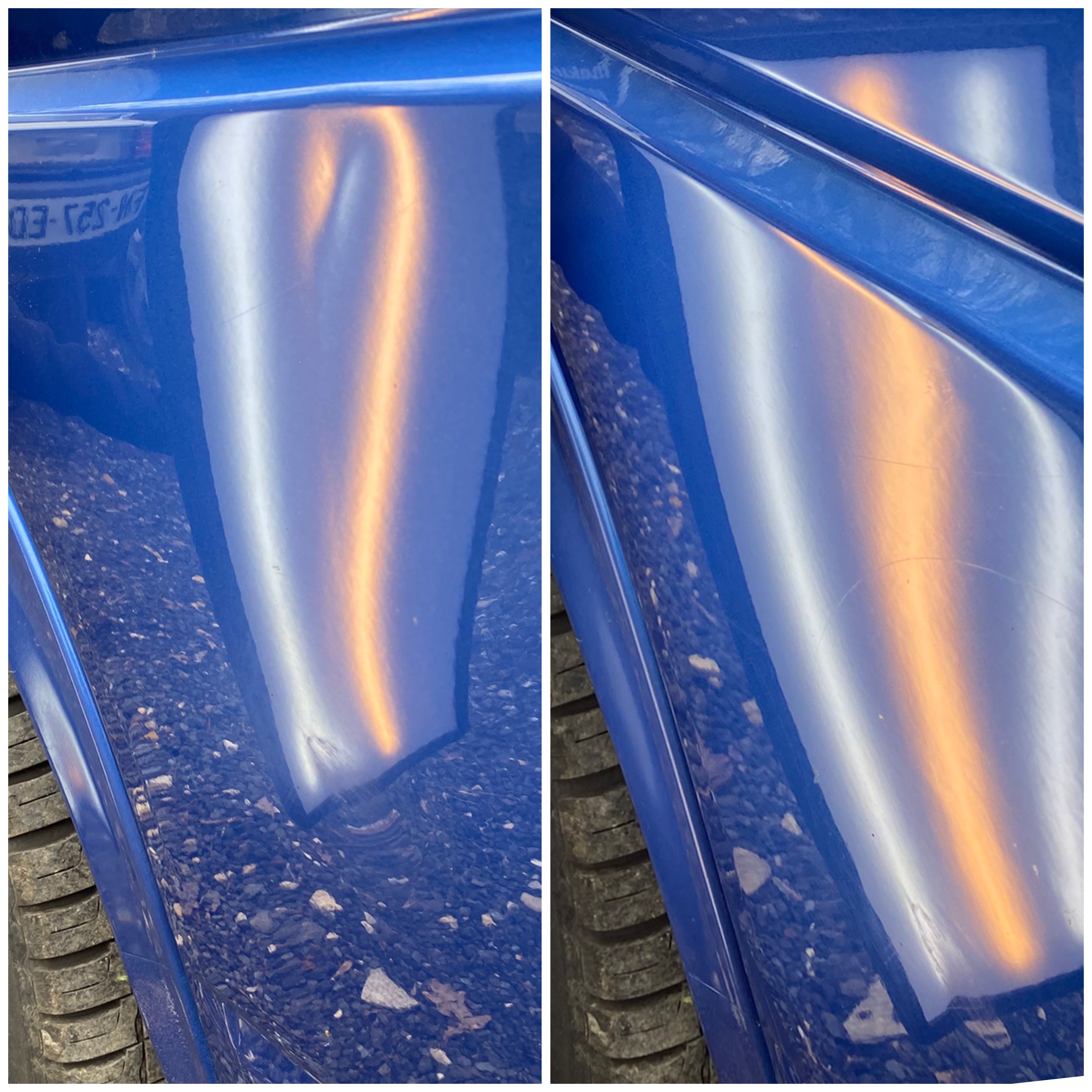 Débosselage sans peinture avant après – réparation bosse sur aile bleue